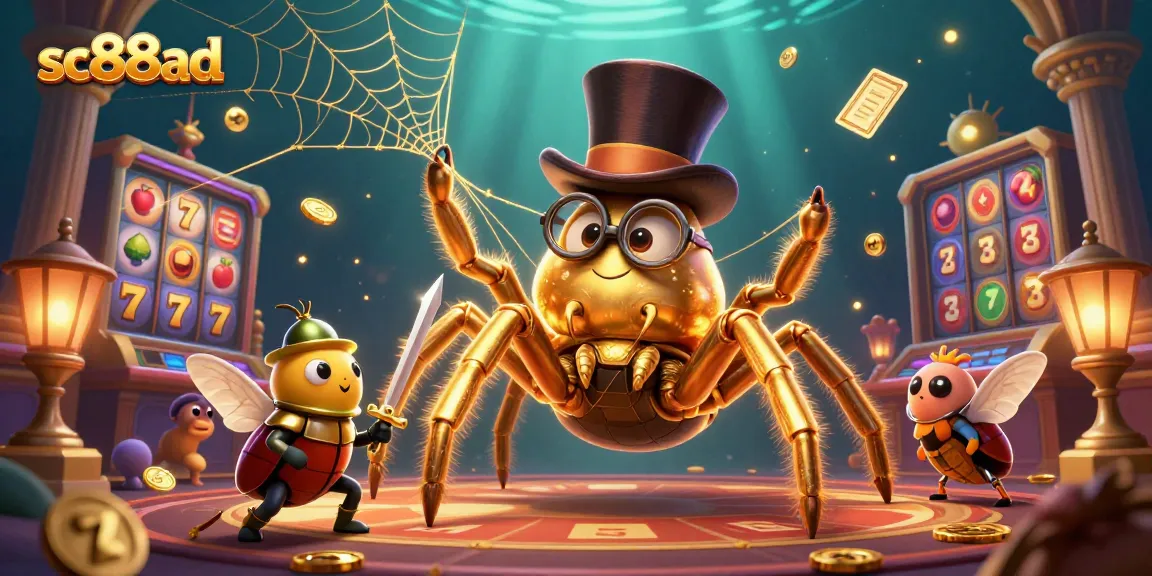 Spin the jackpot with the vibrant sc88ad slots, featuring a golden tarantula and beetle knight in a rich casino scene.