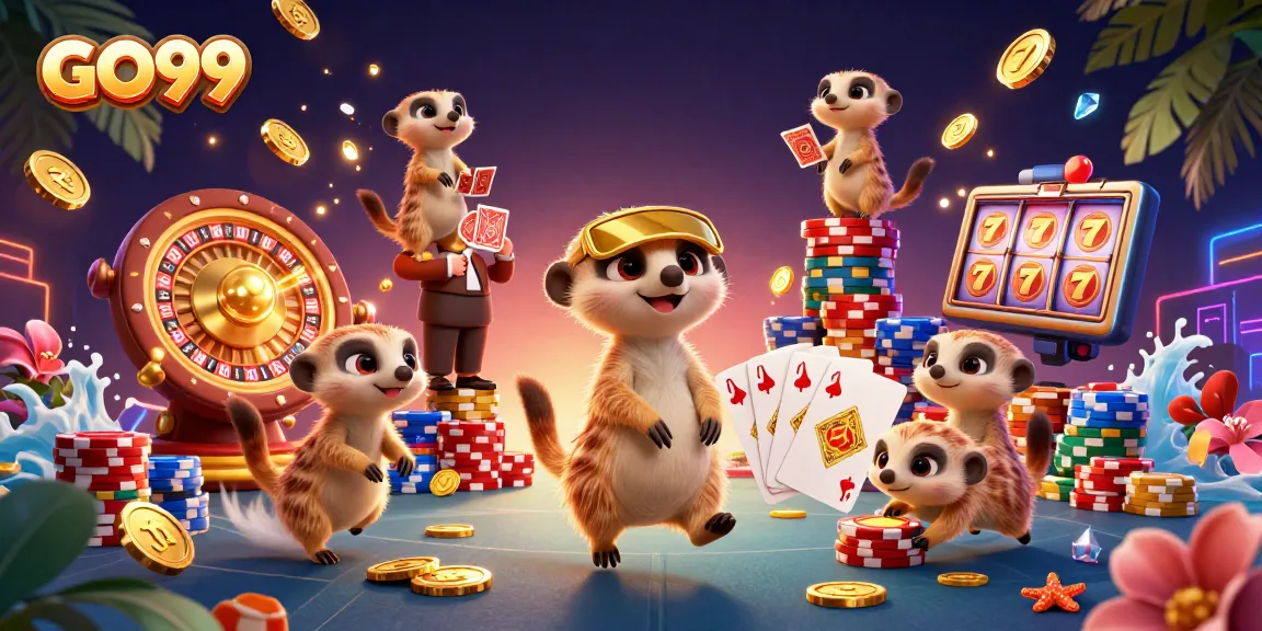 Experience the thrill of GO99 with a dynamic meerkat casino scene featuring vibrant games and excitement.