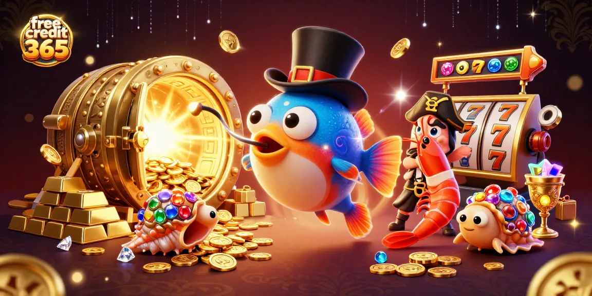 Experience the thrill of playing with free credit 365 in a vibrant, treasure-filled casino scene with animated characters.