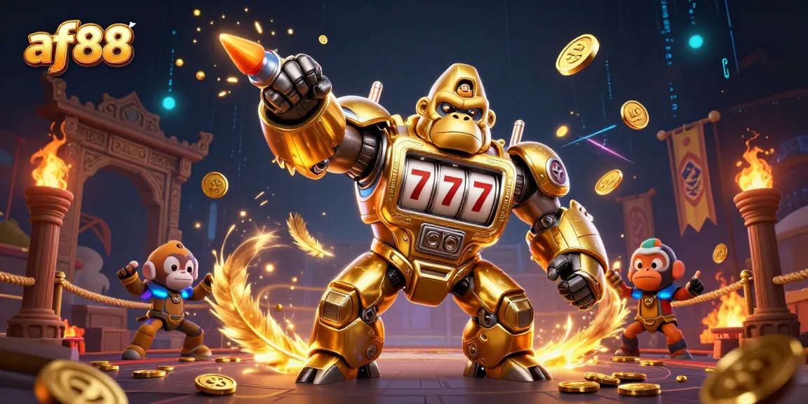 Experience the thrill of af88 as the golden gorilla mech unleashes excitement in a dynamic casino scene.