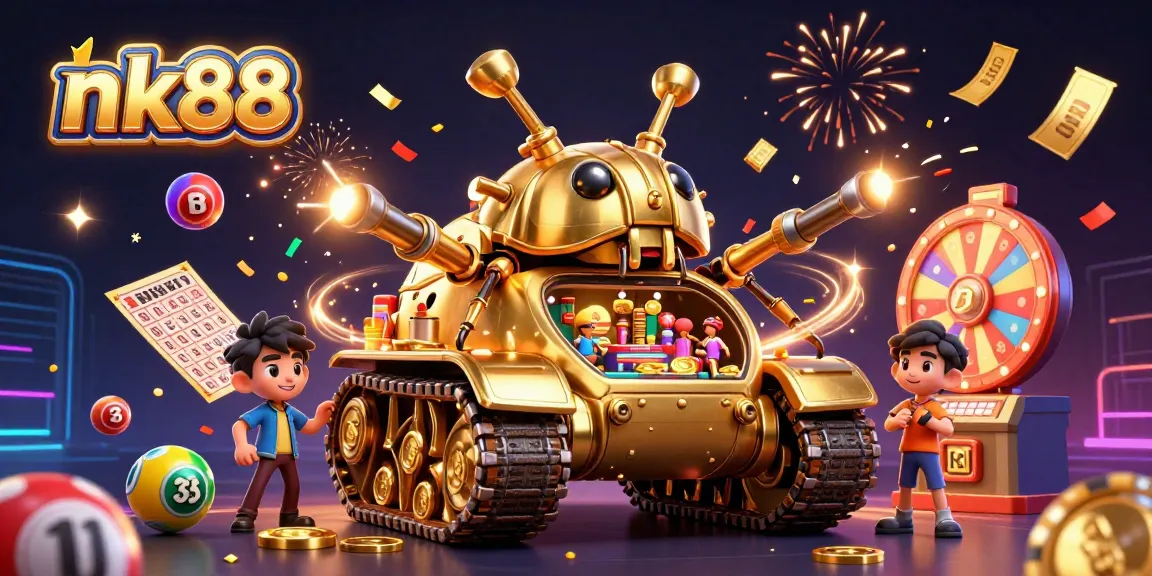 Engage with nk88's vibrant casino atmosphere where a gold tank reveals a miniature gaming world.