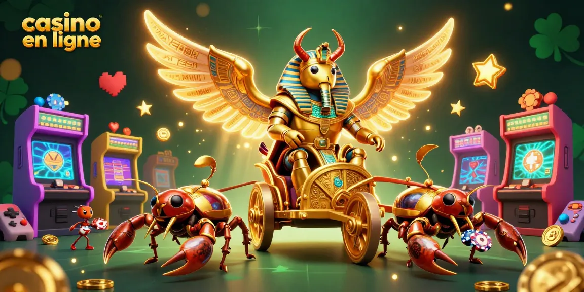 Vivez l'excitation du casino en ligne avec ce scarabée doré colossal et des scorpions, en pleine action.
