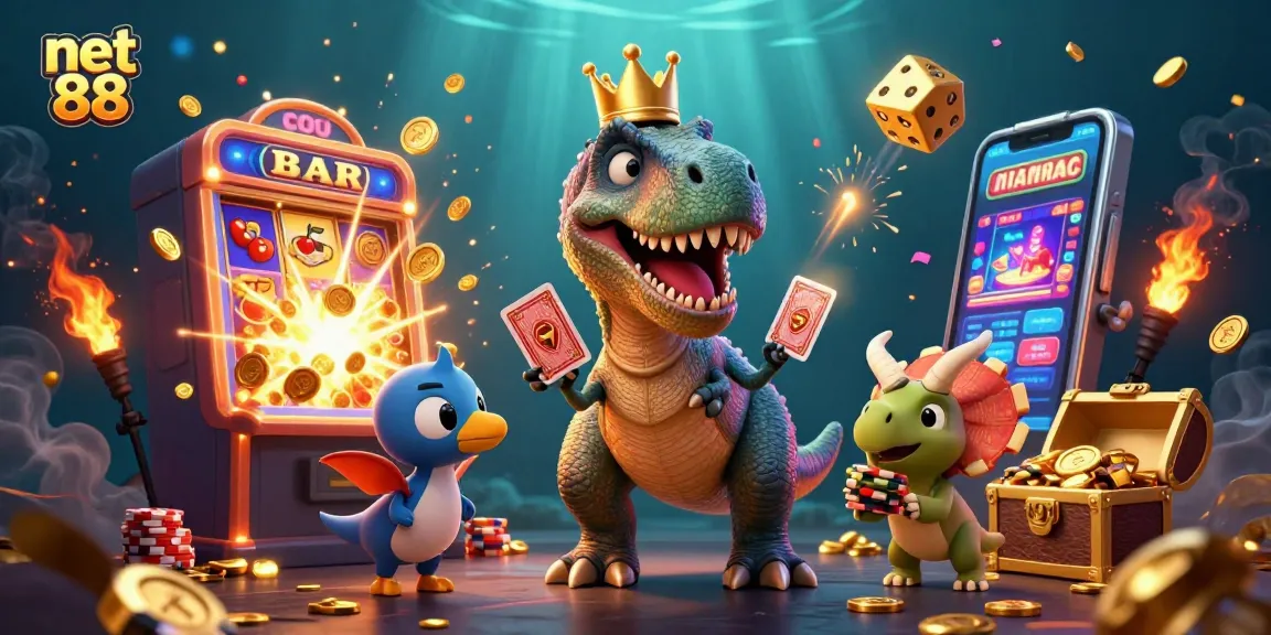 Experience thrilling gameplay with net 88, featuring a T-Rex, pterodactyl, and triceratops in a vibrant casino scene.