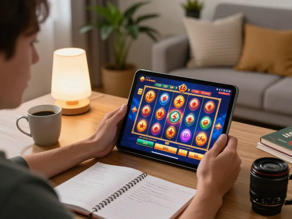 Engaged player spins king slot game on tablet in a cozy living room, showcasing colorful interface and personal setup.