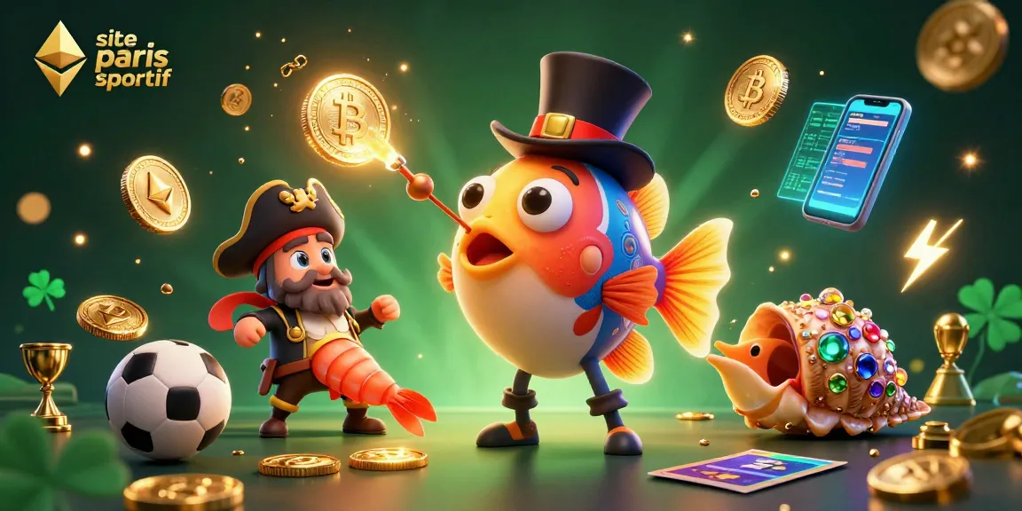Pariez sur le site de paris sportif avec une illustration ludique de créatures marines attirant des pièces d'or.