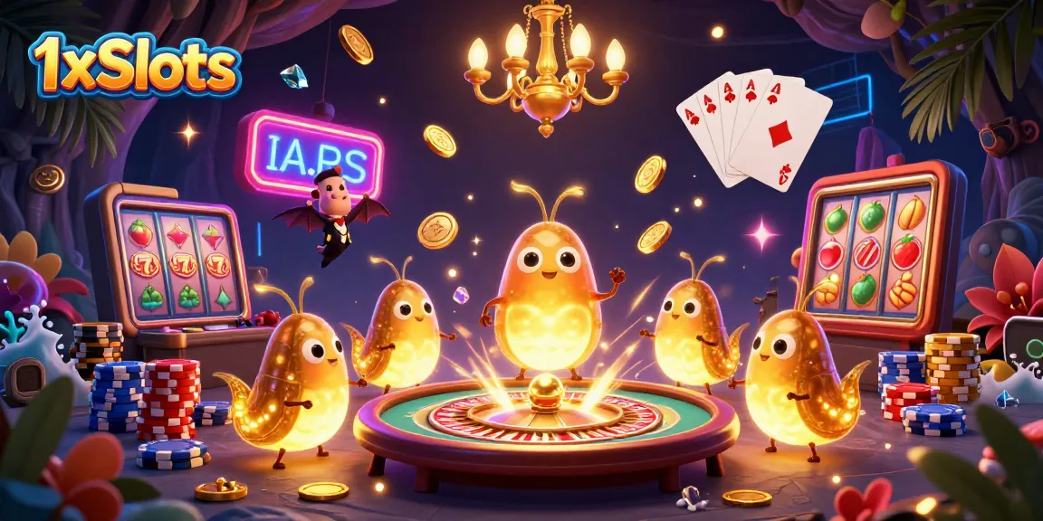 Experience the thrill of 1xSlots with glowworms lighting up a vibrant casino scene filled with games.