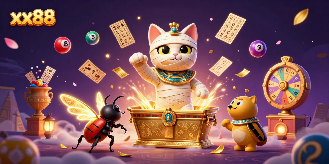 Engage in exhilarating gameplay at xx88 with a vibrant casino atmosphere featuring a mummy cat and lottery elements.