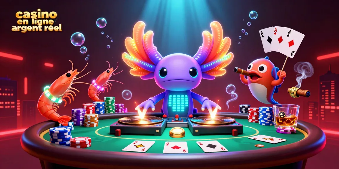 Plongez dans le monde du casino en ligne argent réel avec un DJ axolotl vibrant et des éléments de poker animés.