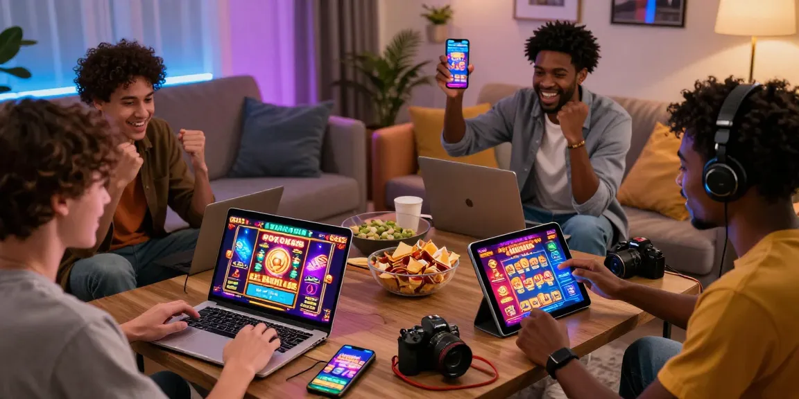 Exciting online gaming with players enjoying ROKOK88 on various devices in a lively atmosphere, showcasing vibrant graphics.