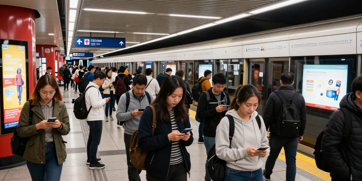 Commuters checking subway service alerts at a busy urban subway station, showcasing real-time transit information.