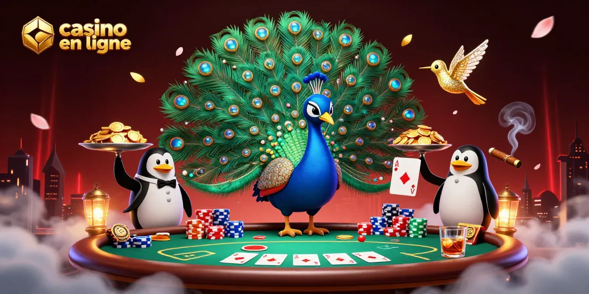 Jouez avec élégance au casino en ligne : un paon aristocratique et des personnages captivants entourent une scène de poker dynamique.