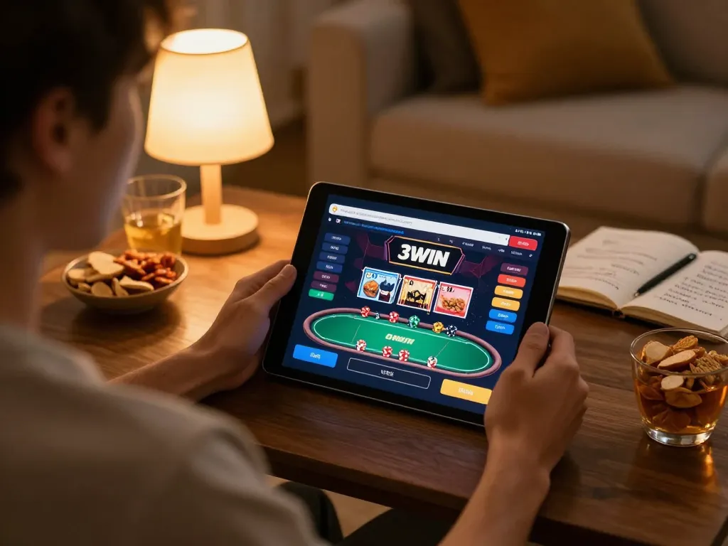 A player enjoying poker on 3win's online casino interface in a cozy home setting.