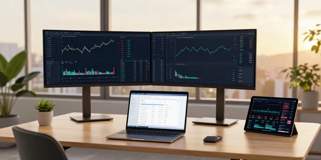 Real-time stock data API displayed on modern trading monitors in an ergonomic office.