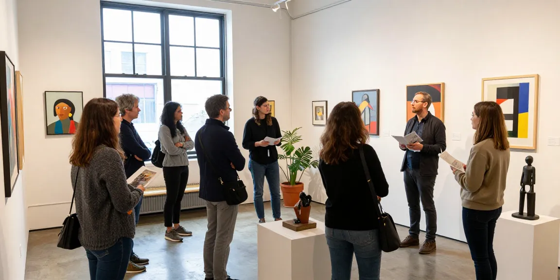 Panza Gallery dynamic art exhibition scene with curator and visitors in Millvale showcasing contemporary artwork and vibrant atmosphere.