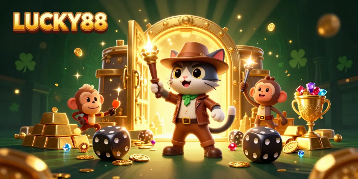 Join LUCKY88 adventures in this vibrant casino-themed treasure hunt, featuring an explorer cat.