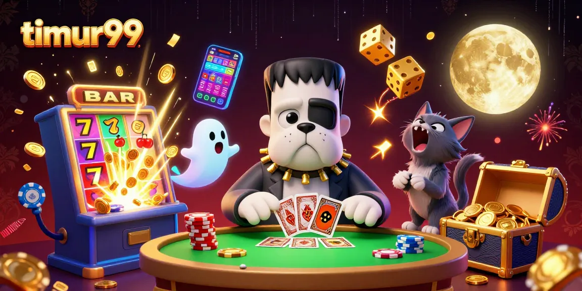 Play exciting games at timur99 with a whimsical scene of fantasy characters and vibrant casino elements.