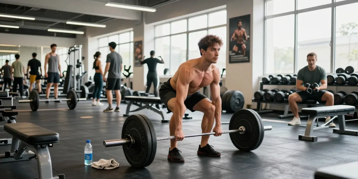 Anabolika Shop - Bodybuilder hebt Gewichte im modernen Fitnessstudio, umgeben von Trainingsgeräten.