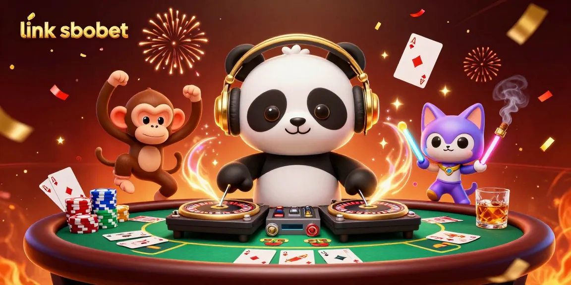 Engage in thrilling play with link sbobet as DJ panda spins at a vibrant casino party scene.