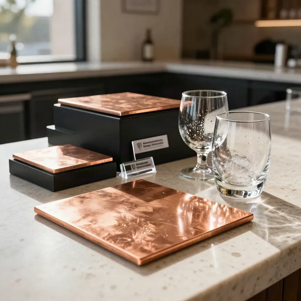 Copper sponsor display kit on a stone counter with glassware and black risers in late light.