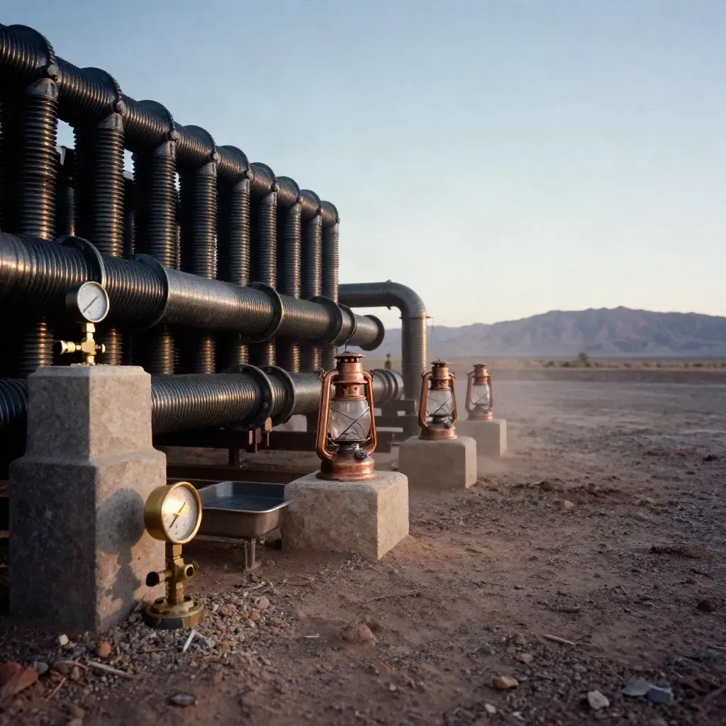 Desert dawn installation of steel pipes, gauges, lanterns, and stone plinths