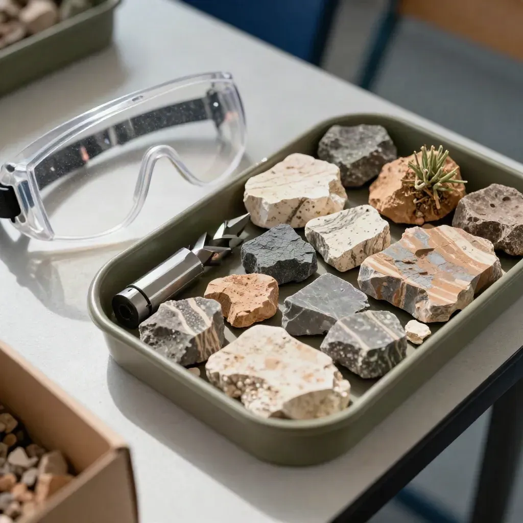 Rock cores, drill cutaway, goggles, and desert plant specimen on a classroom bench.