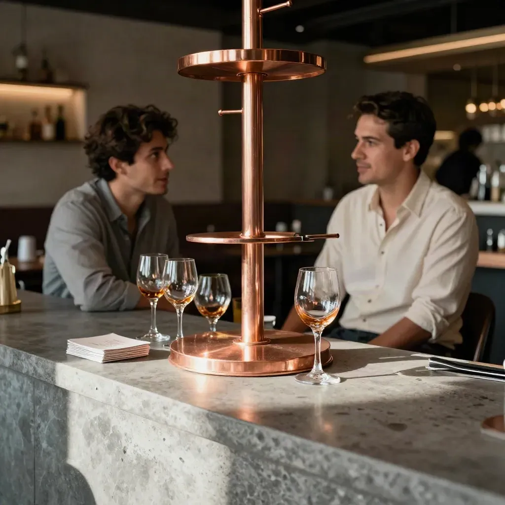 Copper cocktail tables and sponsor stands in a dim Phoenix reception lounge after a networking event.