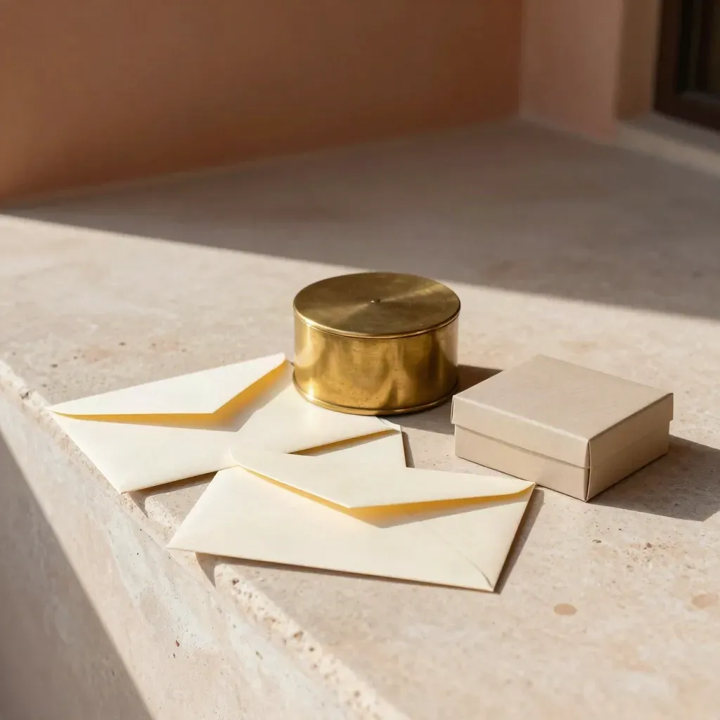 Brass paperweight with sealed award envelopes and a sand presentation box on pale stone.