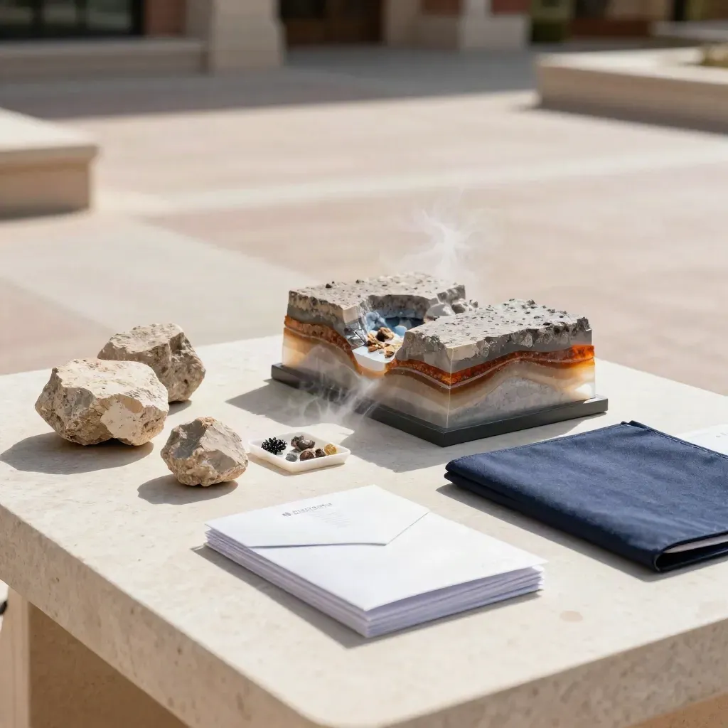 Campus outreach table with rock cores, a cutaway model and sealed packets in bright Arizona sun.
