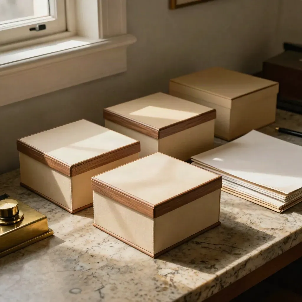 Three closed scholarship boxes, brass paperweight and archive folders on a stone desk in warm afternoon light