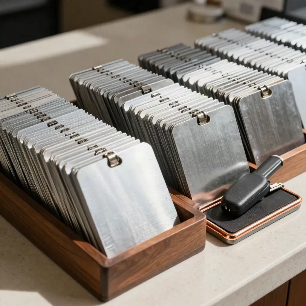 Aluminum membership sleeves, copper stamp pad, and key fob in a walnut tray