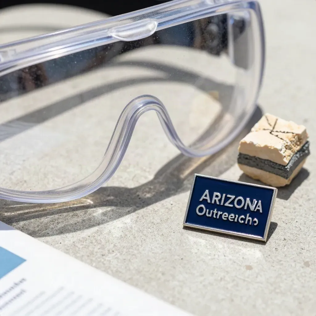 Macro of goggles, geological core and navy campus pin on pale concrete