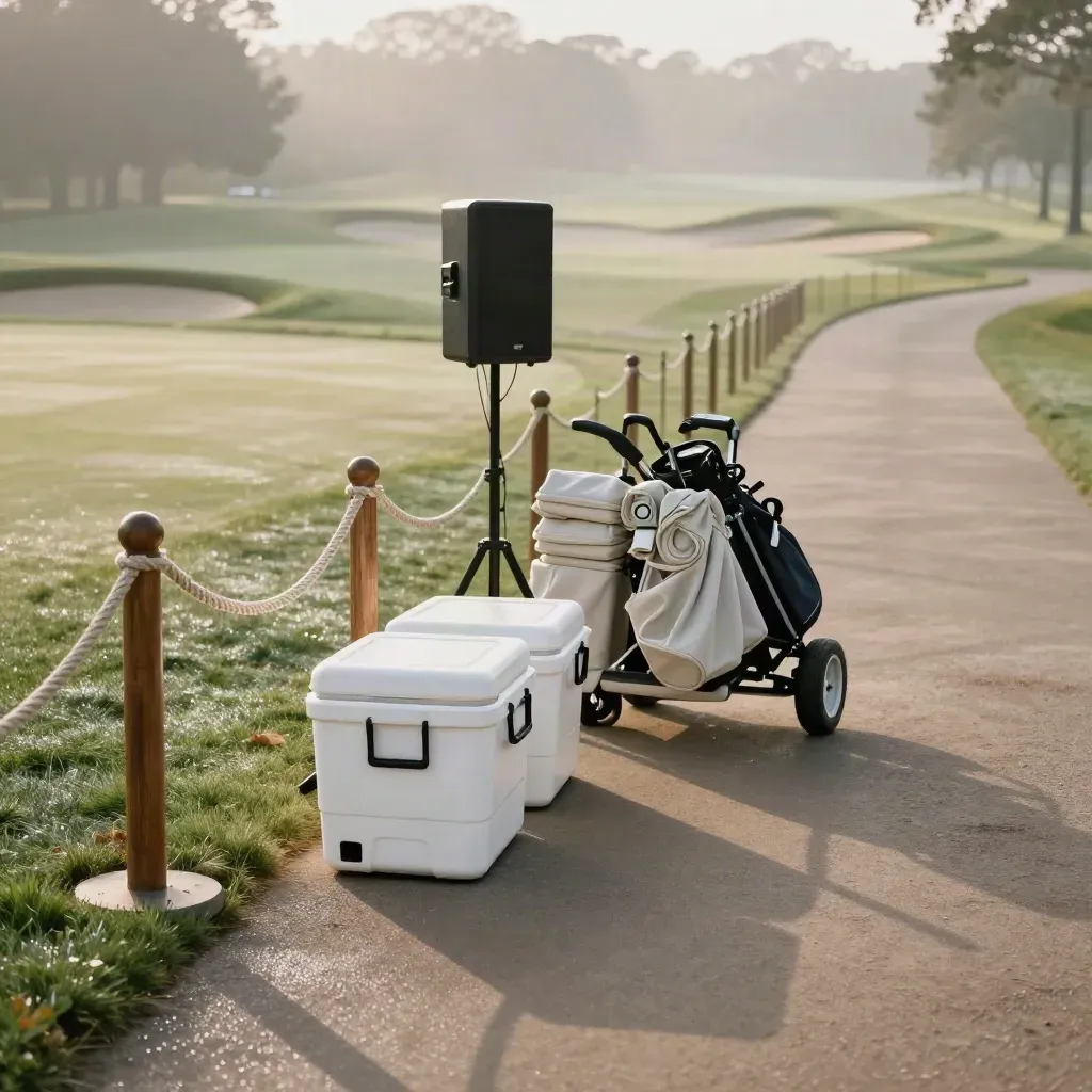Golf-course volunteer check-in lane staged at dawn with coolers, stanchions, and a speaker stand.