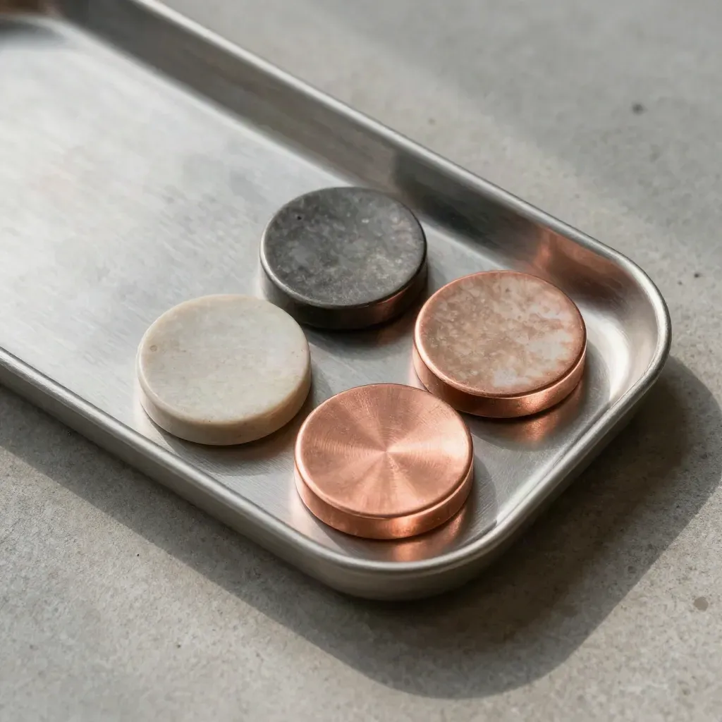Overhead tray of four route tokens in copper, steel, stone and charcoal, one slid forward.