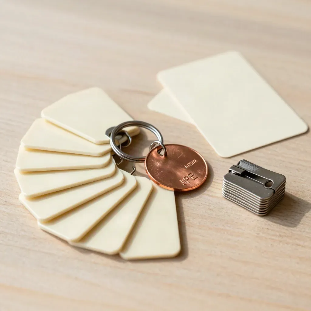 Top-down still life of blank keycards, a copper token, and steel clips on pale wood.