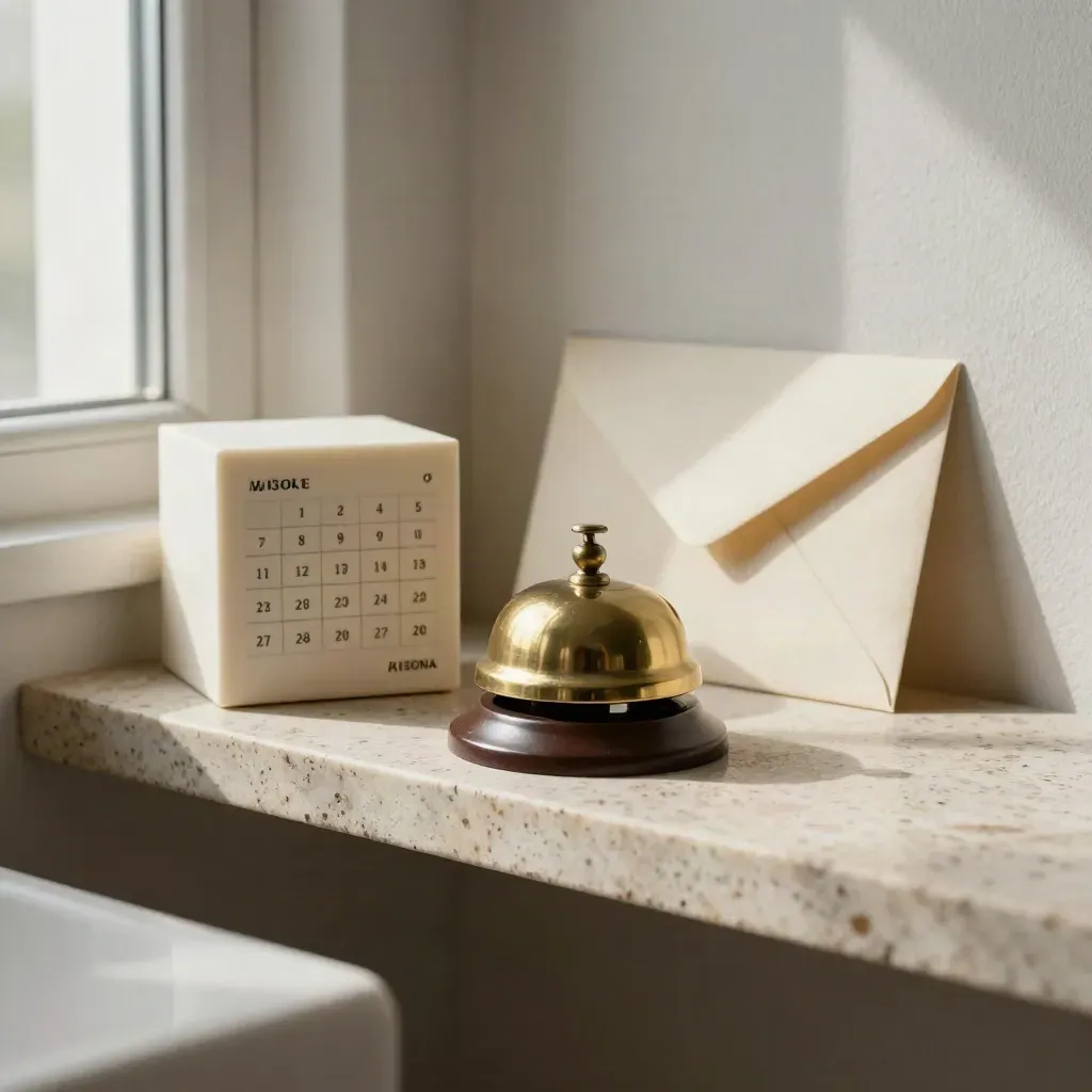 Brass bell, calendar cube, and sealed envelope on a travertine shelf.