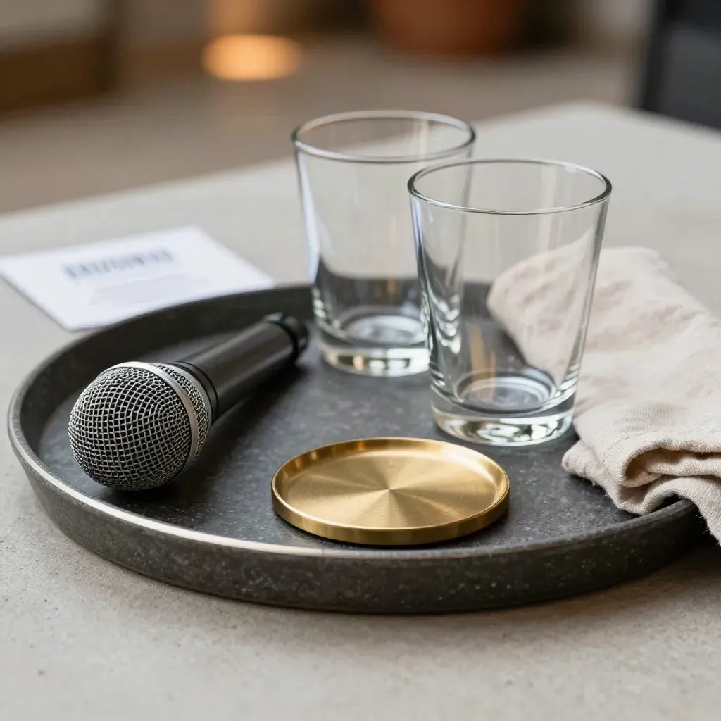 Microphone head, glass tumblers and brass coaster on a dark tray with warm light and soft bokeh.