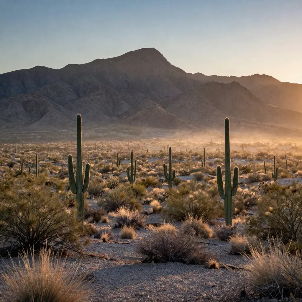 Tucson basin at sunset with Catalina Mountains and saguaro-dotted desert