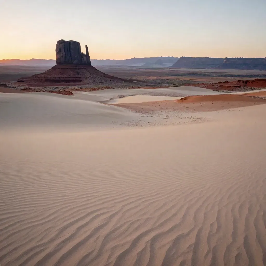 Arizona desert basin at dusk with stacked mountains and a lone basalt butte.
