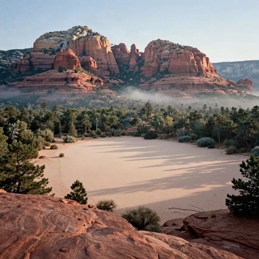 Sedona buttes and ponderosa forest in dawn mist with calm sandstone foreground.