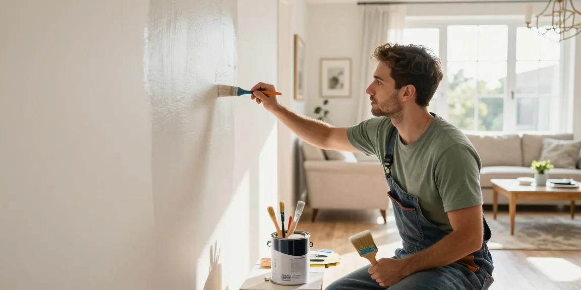 Painter preparing a vibrant living room with professional painting services in sunlight.