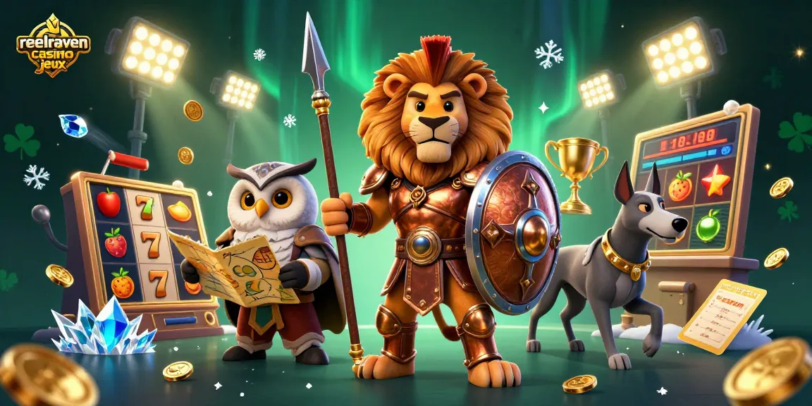 Jouez aux machines à sous sur reelraven casino jeux avec un lion en armure et des éléments de casino colorés.