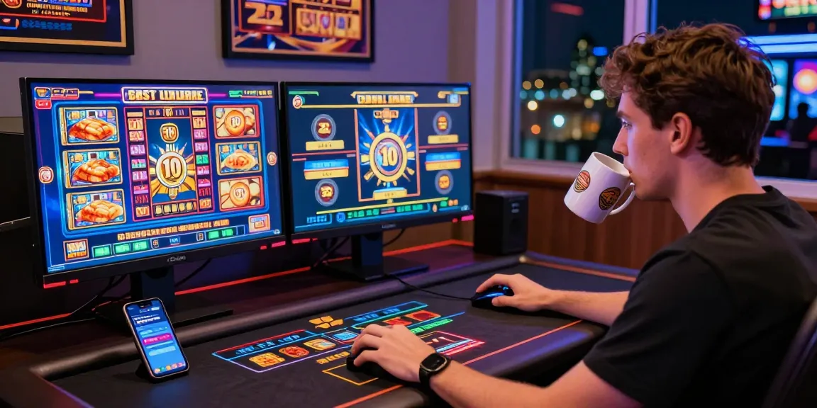Joueur au casino en ligne légal en France, jouant sur des moniteurs modernes avec une ambiance immersive, capture l'excitation du jeu.