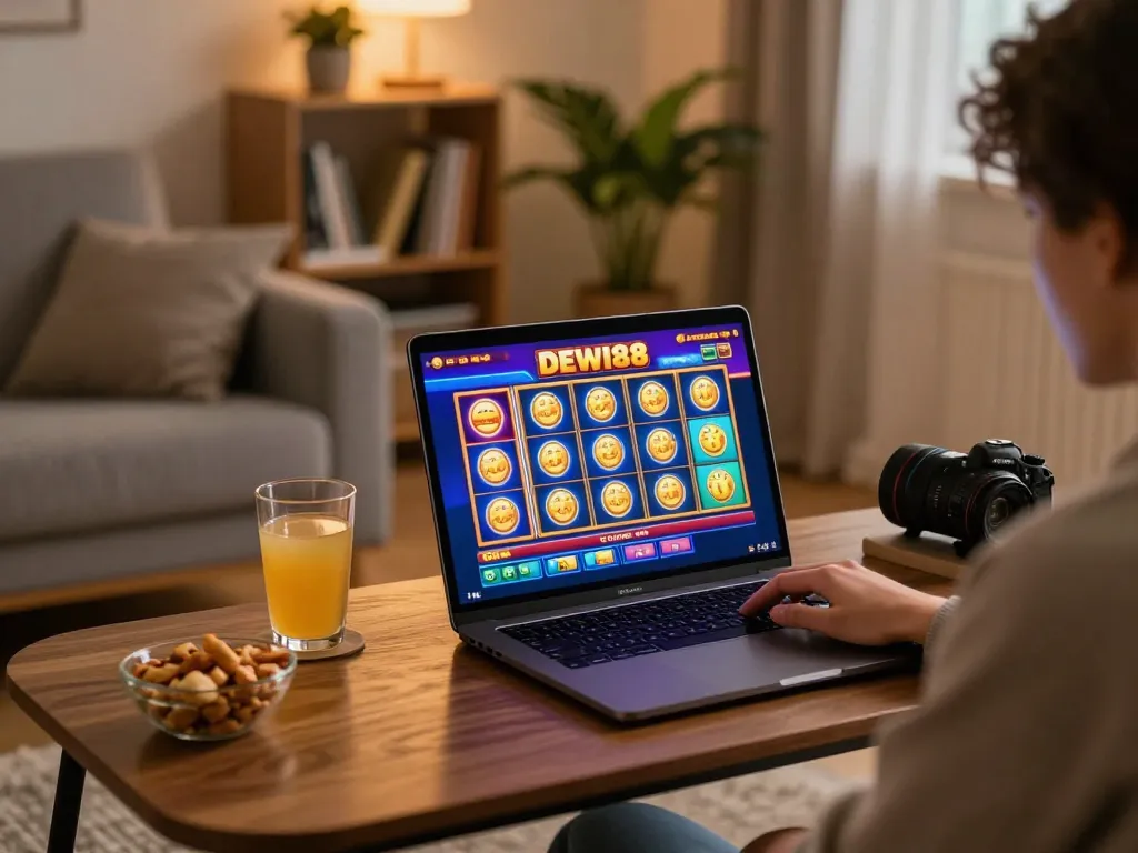 Orang yang bermain slot DEWI88 di laptop dalam suasana rumah yang nyaman, menyoroti atmosfer permainan online