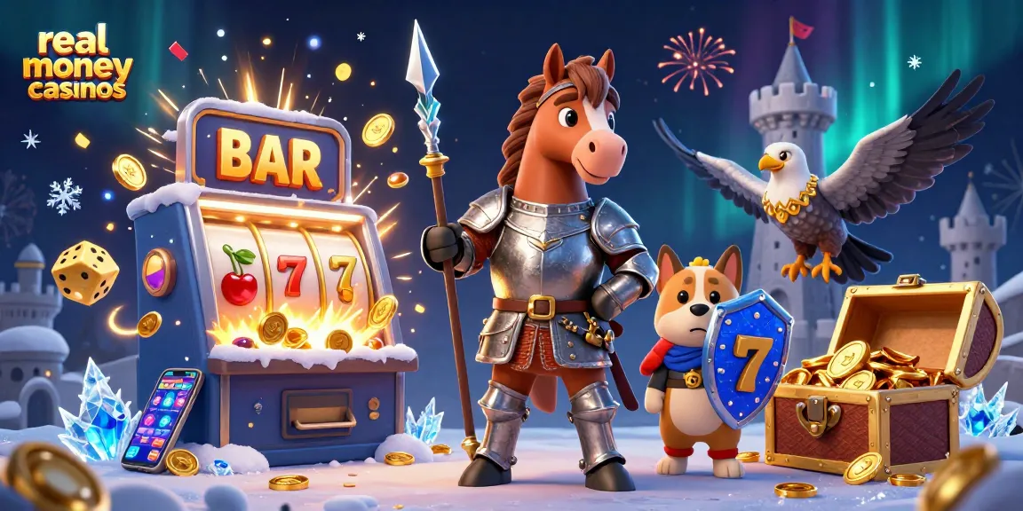 Experience thrilling adventures at real money casinos featuring 3D knight, puppy, and falcon in a vibrant slot scene.