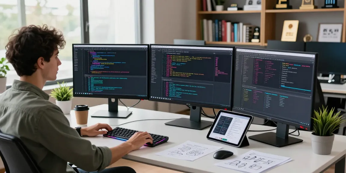 Developer programming on multiple screens in a modern workspace showcasing bdtjl technologies and coding.