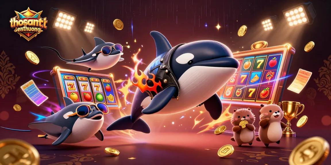 Experience thrilling gameplay in thosantienthuong, featuring an orca, stingray, and sea otters celebrating with coins.