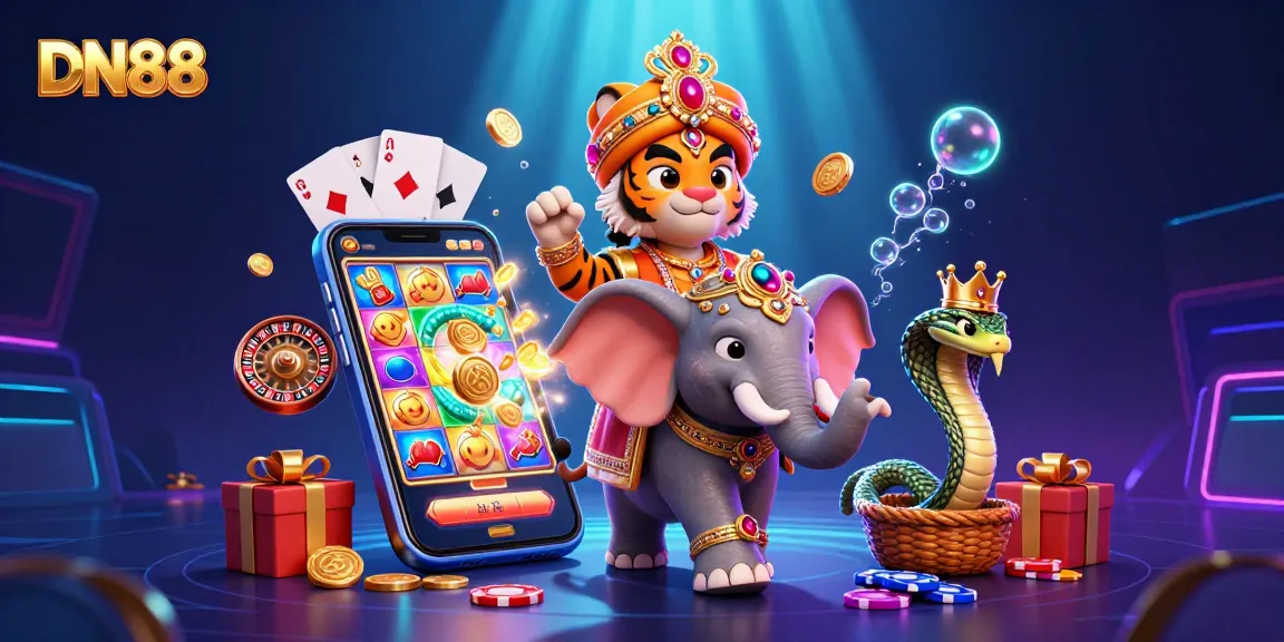 Experience thrilling gameplay with DN88, featuring an elaborate illustration of a maharaja, casino games, and riches.