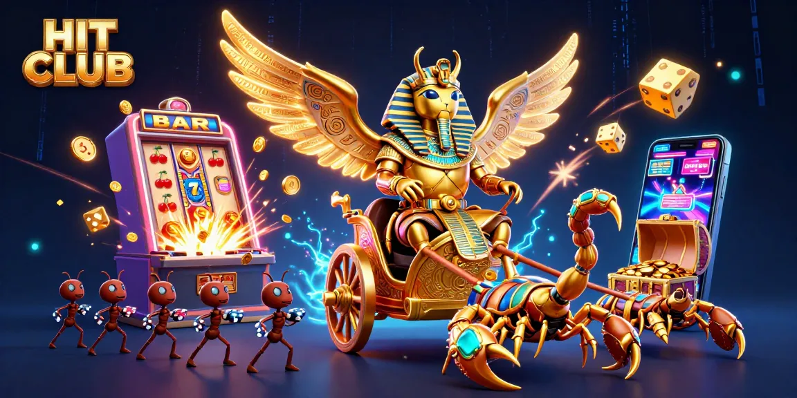 Join the action at HIT CLUB with an electrifying scene featuring vibrant casino games, golden characters, and dynamic elements.