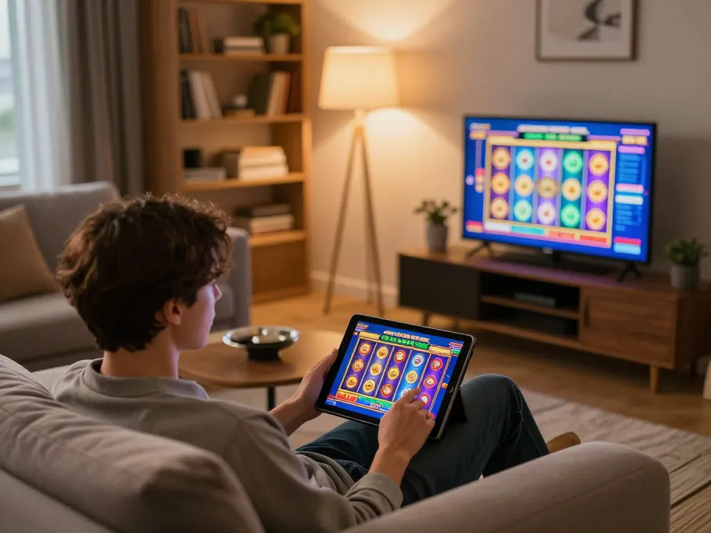 Engaging in online gaming at 58win com with immersive tablet interface in cozy living room setup