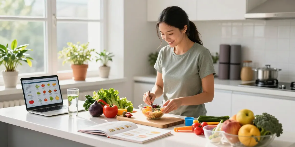 Health-focused nutritionist preparing fresh meals in a bright kitchen.